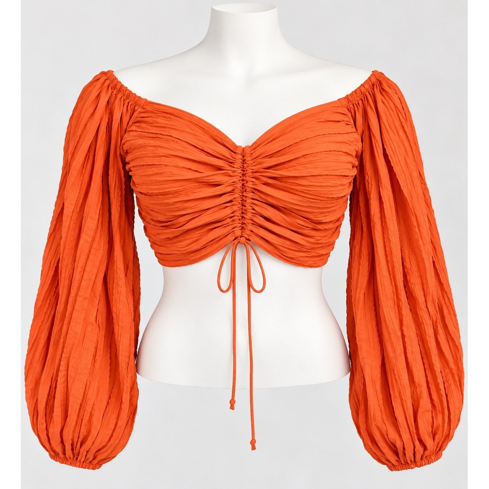 Urban Outfitters Crop Top Womens S Orange Ruched Balloon Sleeve Boho Fairy